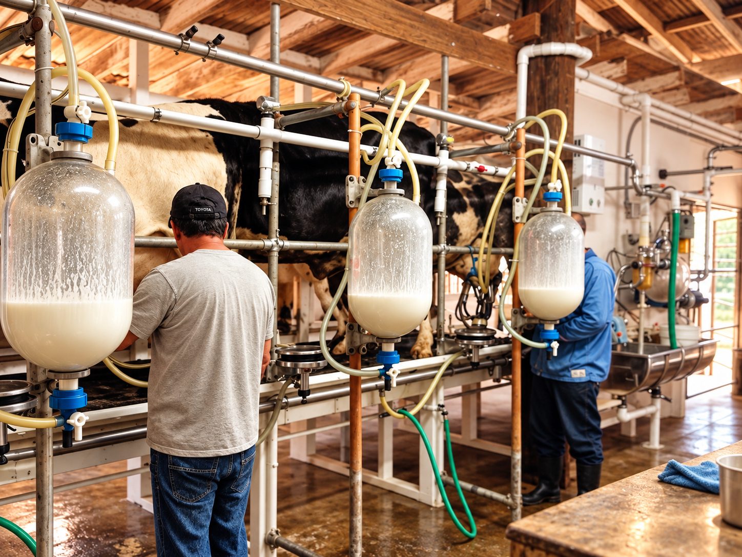 Sala de ordeño con vacas y recipientes de leche fresca en Rancho La Providencia