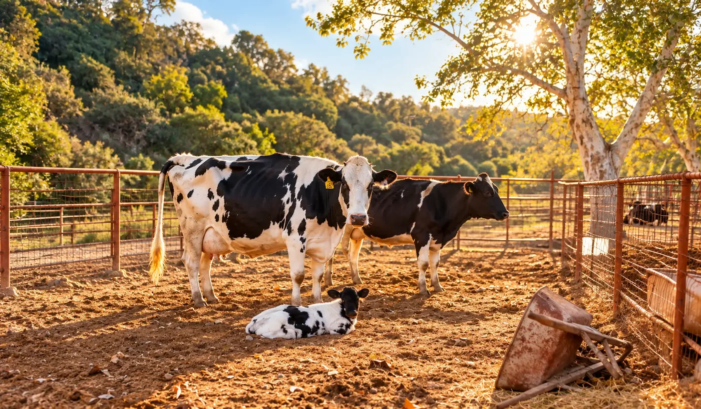 Vacas y un becerro descansando en el corral de Rancho La Providencia